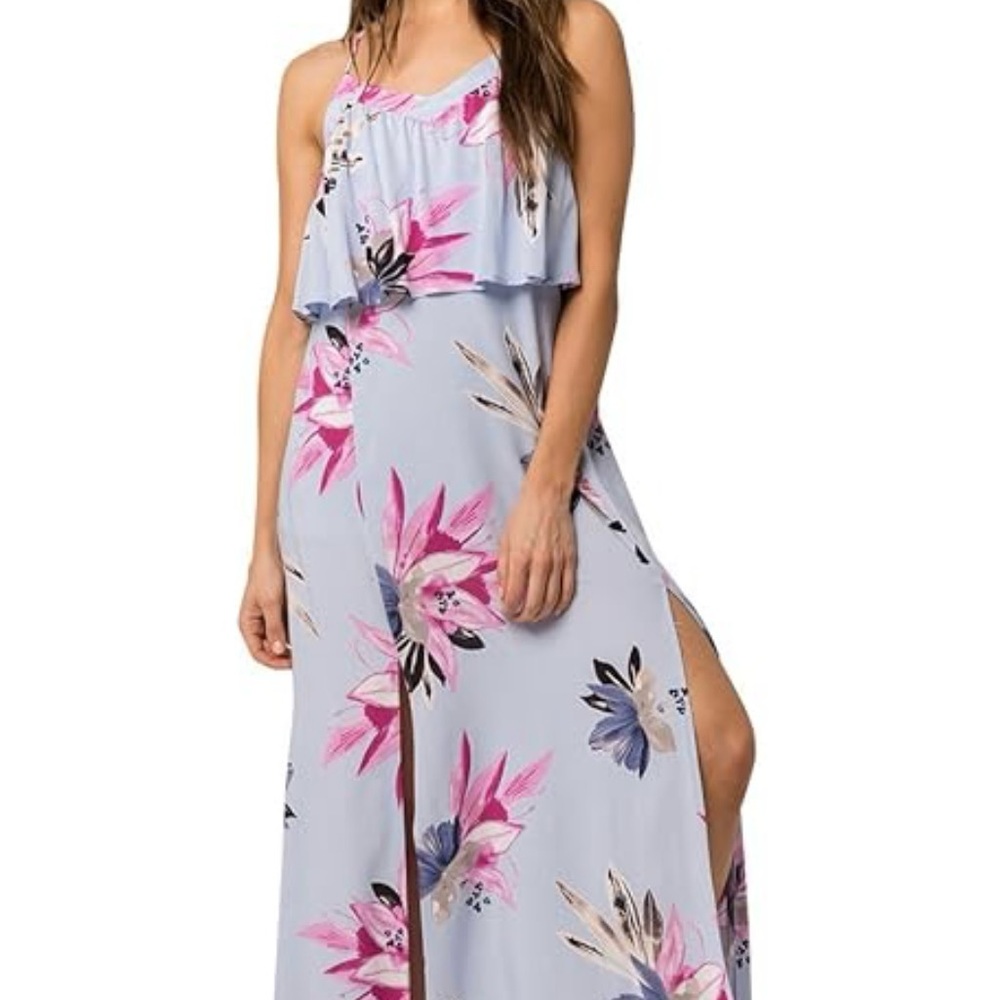 O'Neill Pink and Blue Halter Maxi Dress with Ruffles